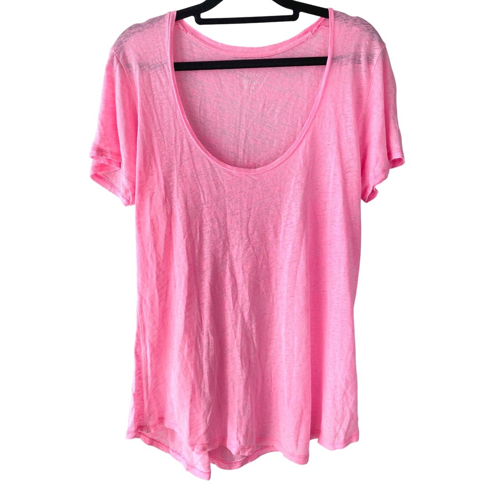 J Crew Womens 100% Linen Tee S Pink Scoop Neck Bright Summer Preppy Coastal